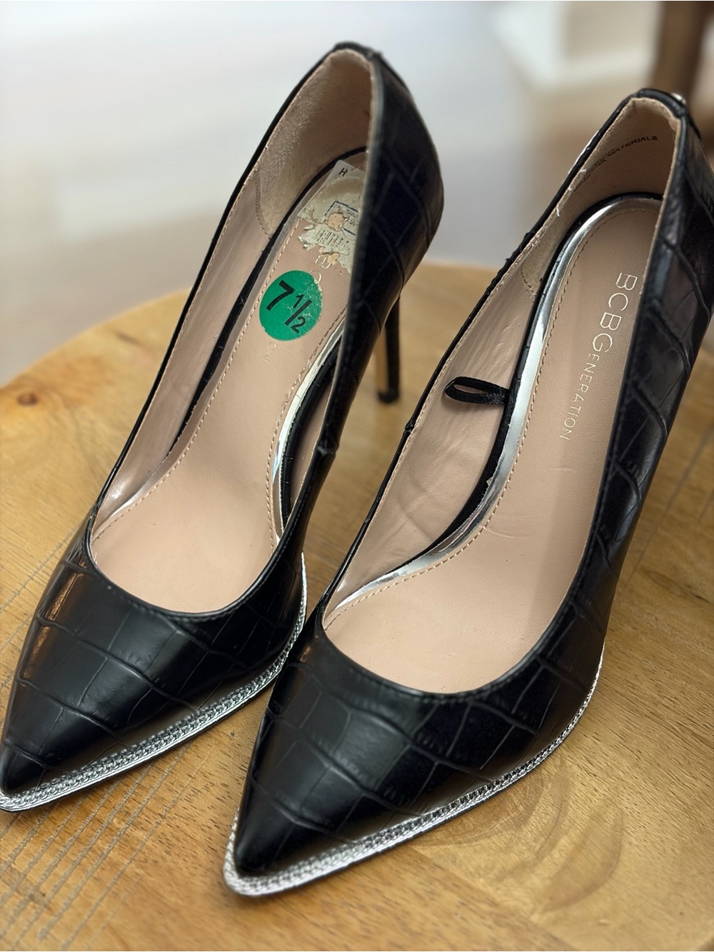 BCBGeneration Black Croc-Embossed Pointed Toe Stiletto Pumps with Silver Trim
